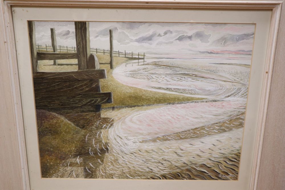 Annie Soudain, gouache, Incoming tide, signed and dated 06, 26 x 34cm and two colour prints by the same hand